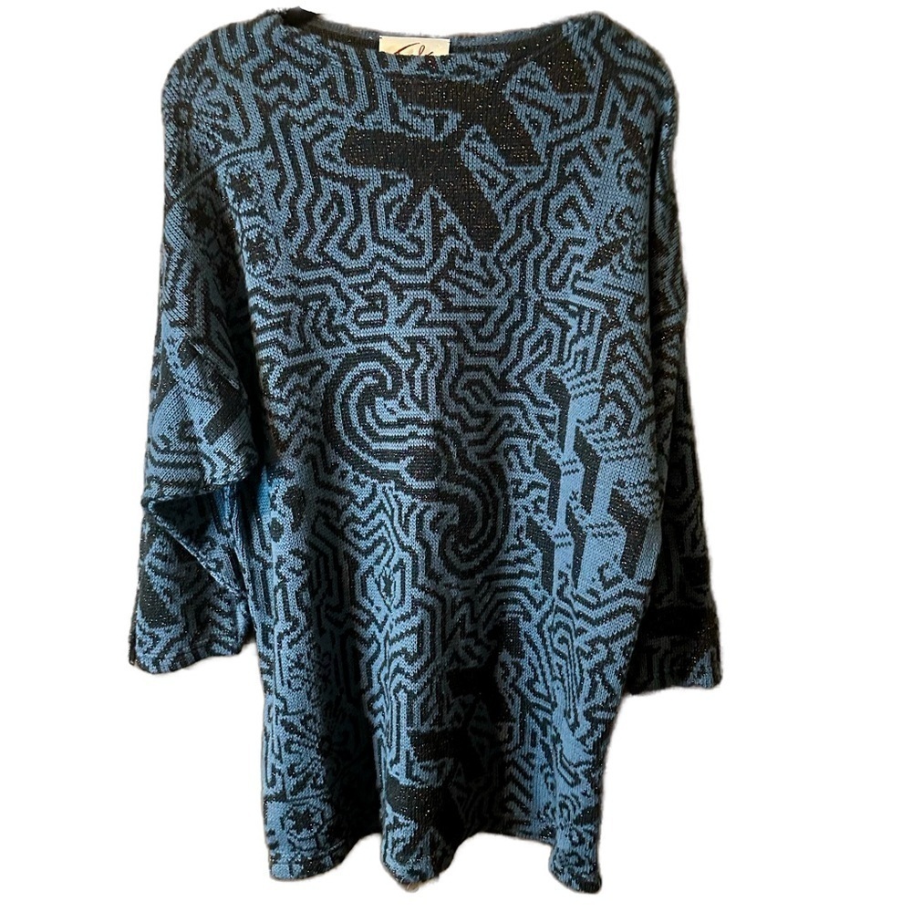 Josef Made in Italy Deep Blue Black Metallic Retro Pattern Crewneck Sweater Sz M
